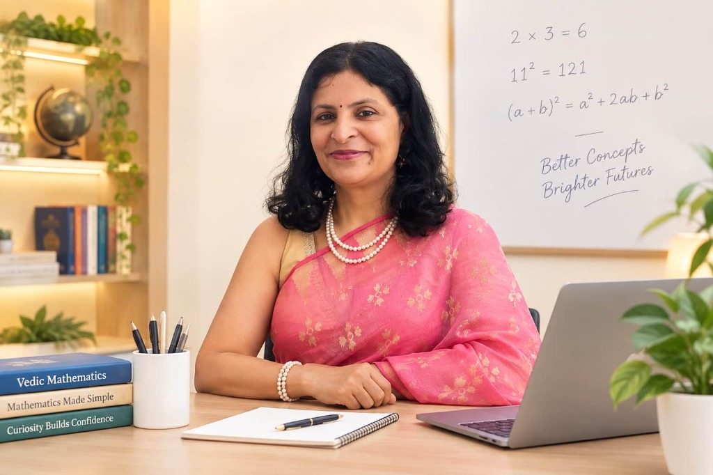 Meenakshi Koul, founder and mentor of The Vedic School, teaching at her desk